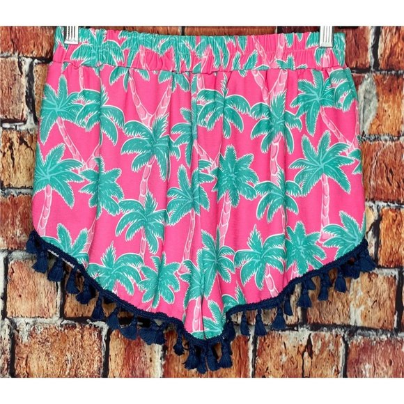 Simply Southern Tassel Palm Tree Printed Pink Green Shorts S/M - Picture 2 of 3